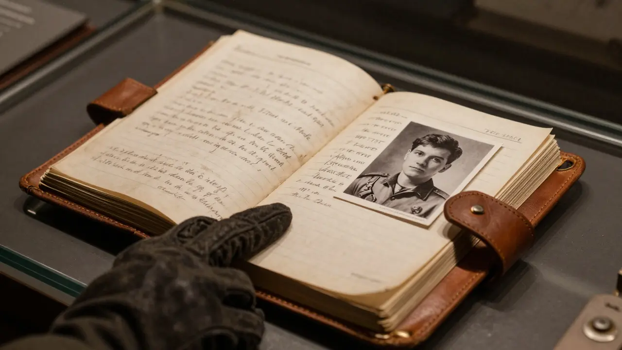 Close-up of an old pilot's logbook with handwritten entries and a faded photo.