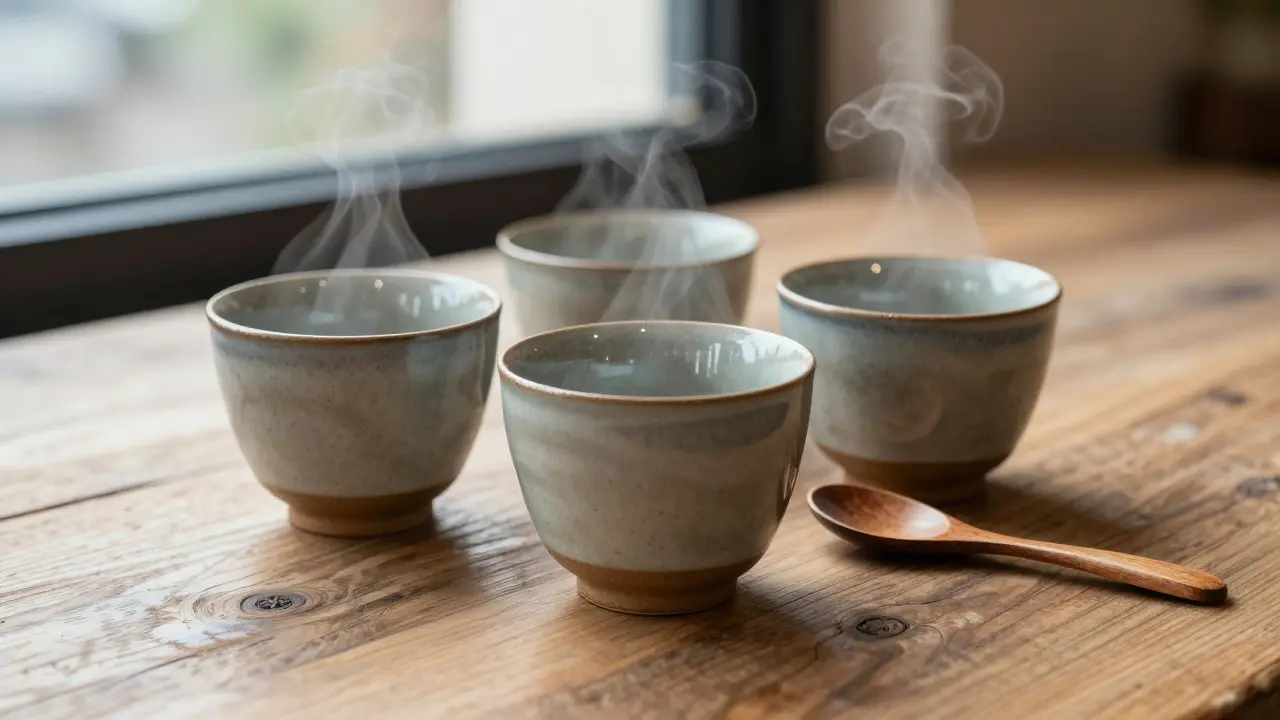 Close-up of hand-thrown ceramic teacups on a wooden table in the café.