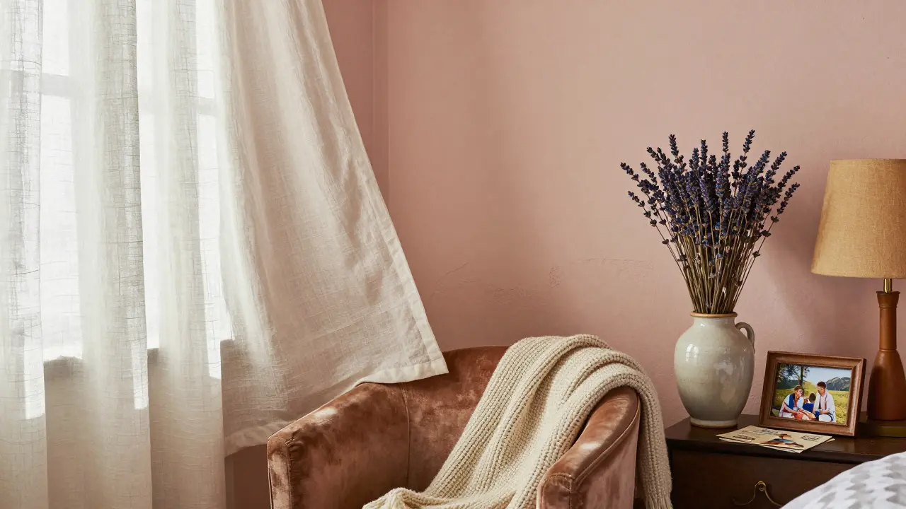 Close-up of layered textures: linen curtain, wool throw, ceramic vase with lavender on blush wall.