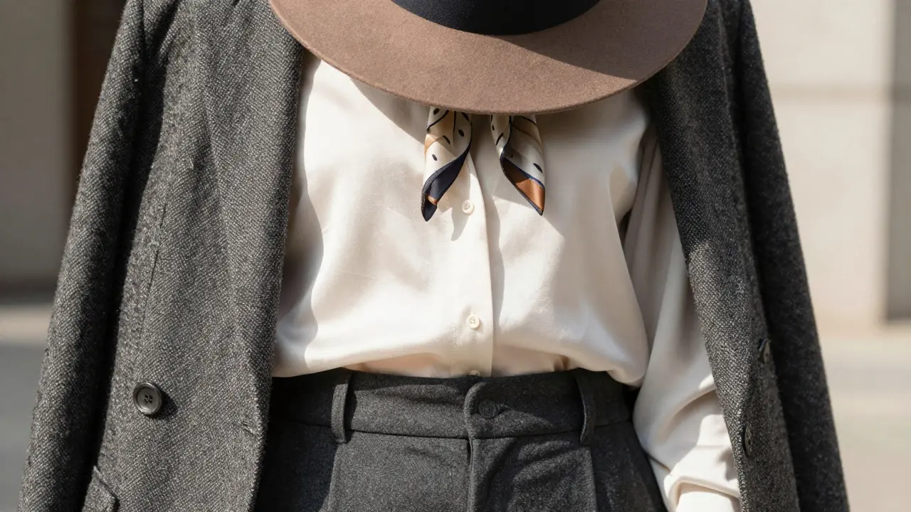 Close-up of wide-brimmed hat, silk blouse, and tailored trousers with scarf detail