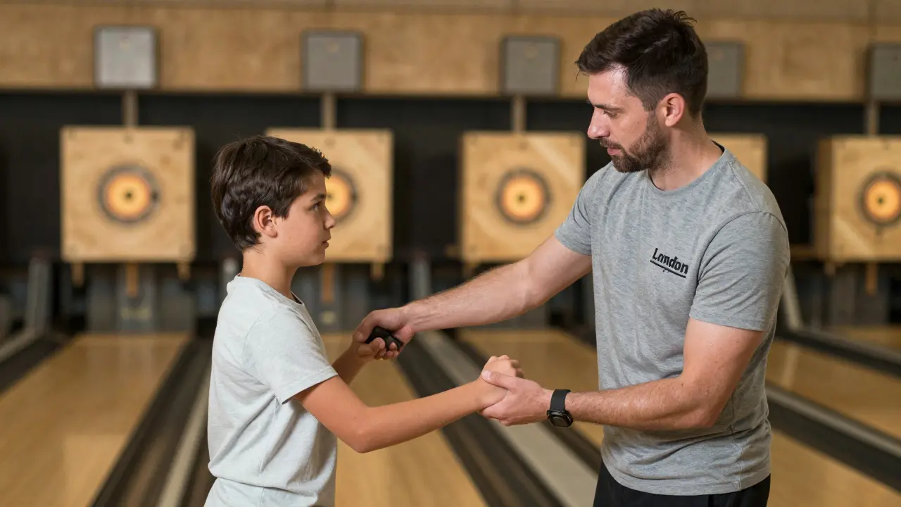 Coach showing proper axe throwing stance to a beginner