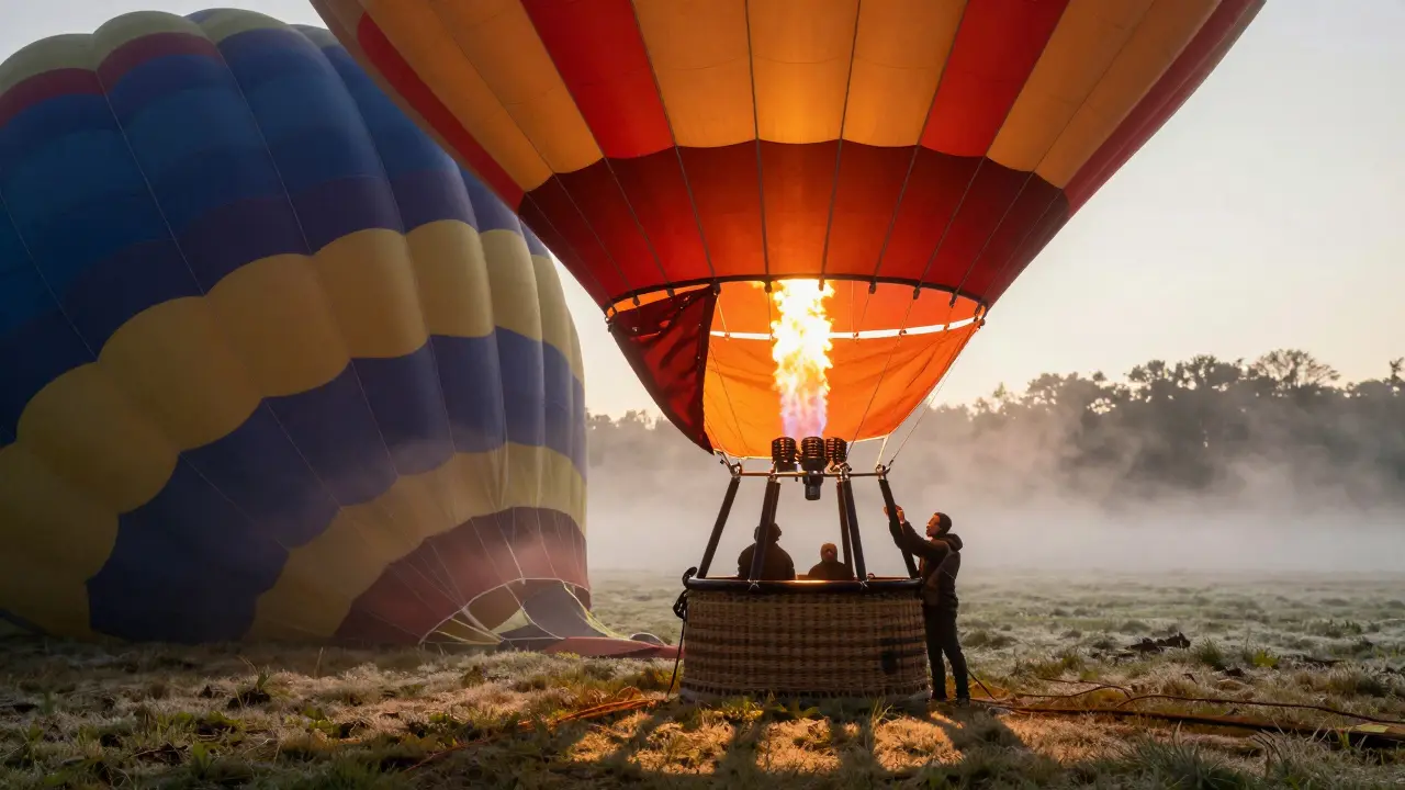 Colorful hot air balloon inflating in a misty field at dawn with glowing burners below.