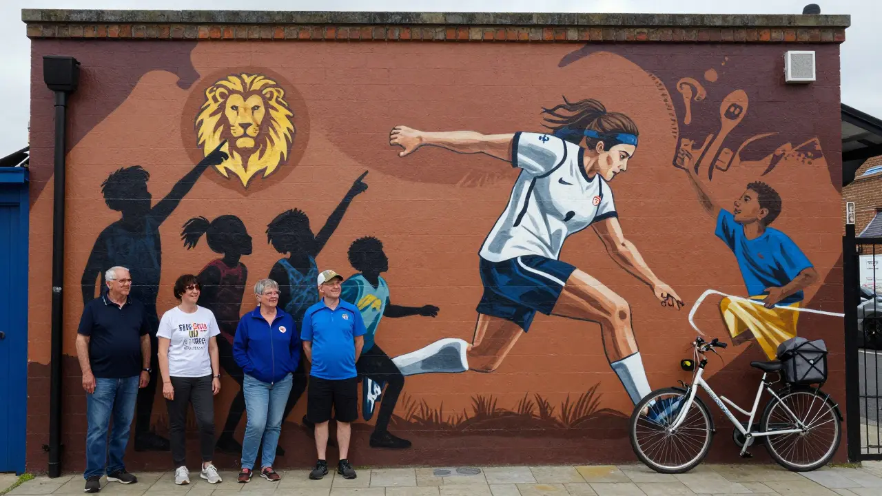 Colorful mural of Georgia Stanway on a Brixton community center wall, children posing in front of it.