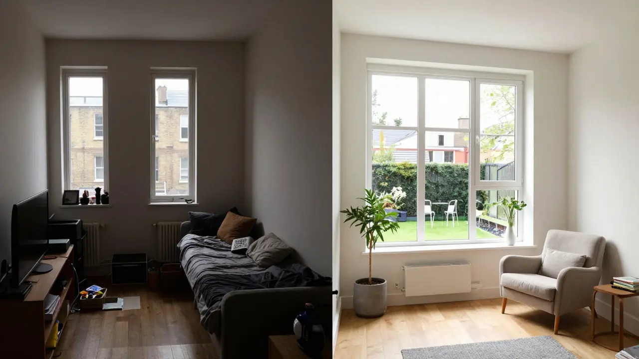 Comparison of small London flat and spacious Birmingham home with garden