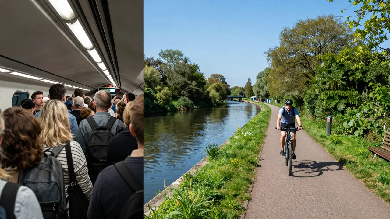 Contrasting scenes: a crowded Tube platform versus a cyclist on a scenic canal path.