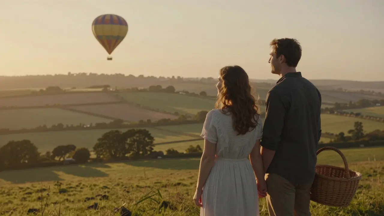 Couple holding hands in a wicker basket, smiling as they float over countryside at sunrise.