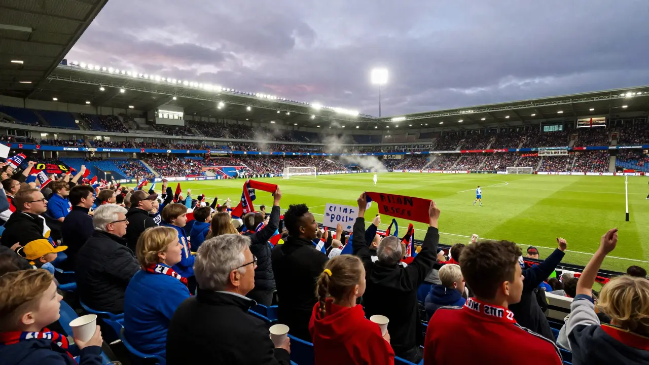 Crowd at Crystal Palace Stadium cheering during a Lionesses match, all ages and ethnicities waving handmade banners.