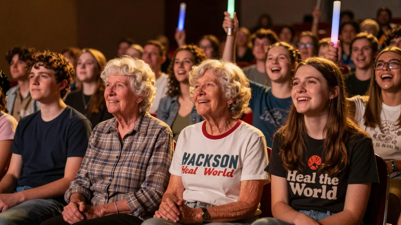 Diverse audience members smiling and clapping with glow sticks during a emotional musical finale.