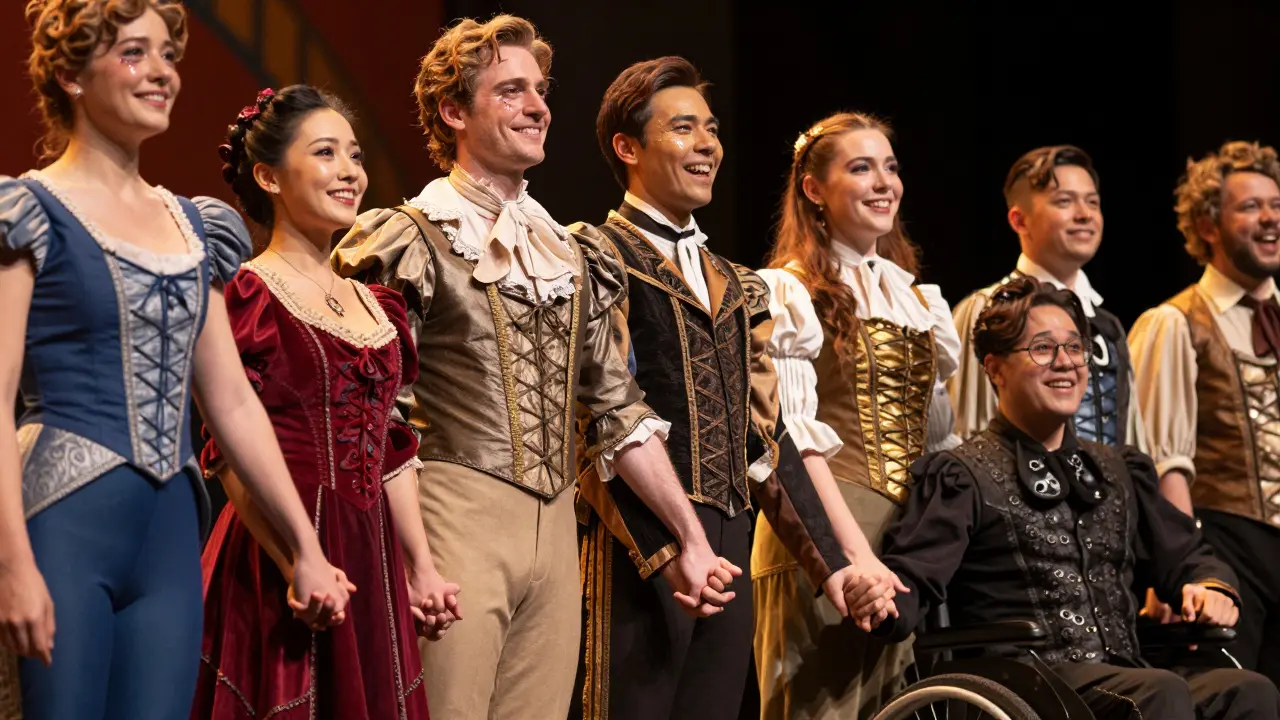 Diverse cast members holding hands on stage, smiling in colorful circus costumes.