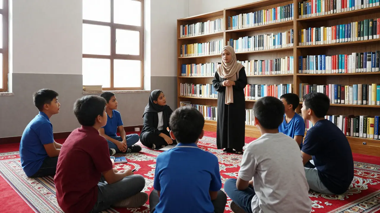 Diverse children listening to a guide in the mosque's sunlit library.