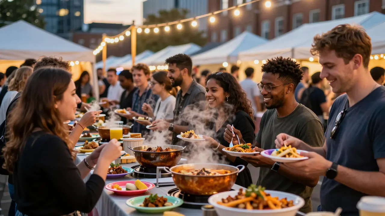 Diverse crowd enjoying food at Birmingham Food Festival at dusk