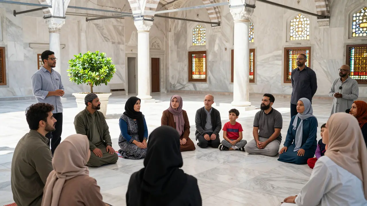 Diverse group listening to a guided tour in the mosque courtyard