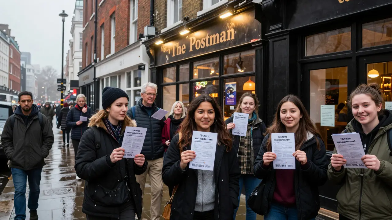 Diverse Londoners smiling outside a converted shop venue holding theatre tickets in winter light.