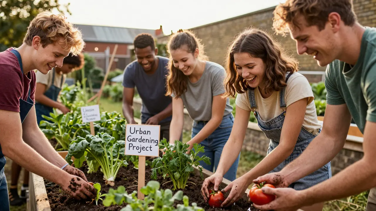 Diverse students harvesting vegetables in a community garden.