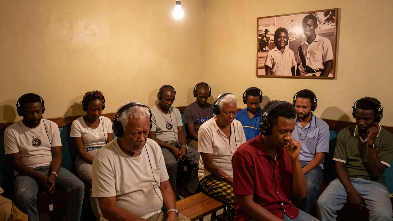 Diverse visitors listening to oral histories at the People of the Docks exhibit