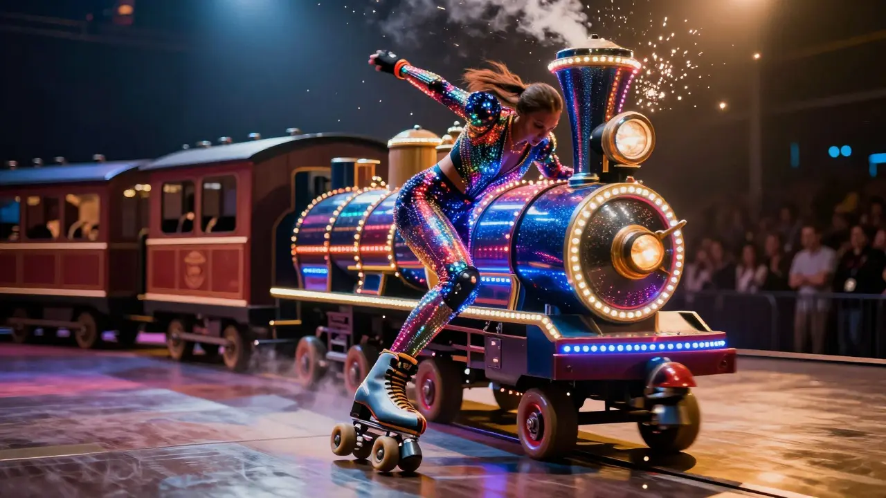 Glittering steam engine train performer roller-skating on stage with glowing lights.