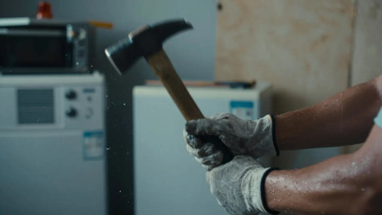 Gloved hands holding a sledgehammer mid-swing, dust and debris flying in the air.