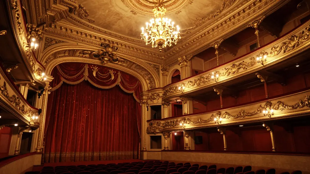 Golden chandeliers and velvet curtains inside Theatre Royal Drury Lane.