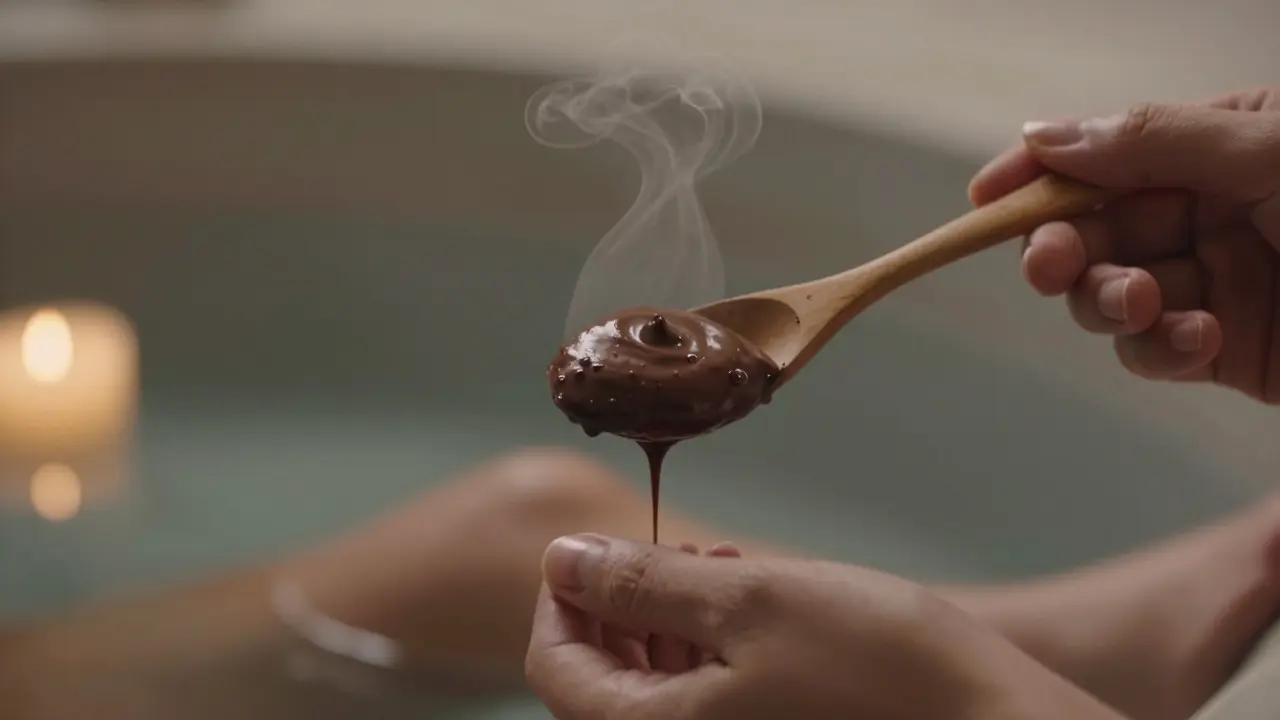 Hands holding a spoon with dark chocolate mousse, steam rising from warm water.