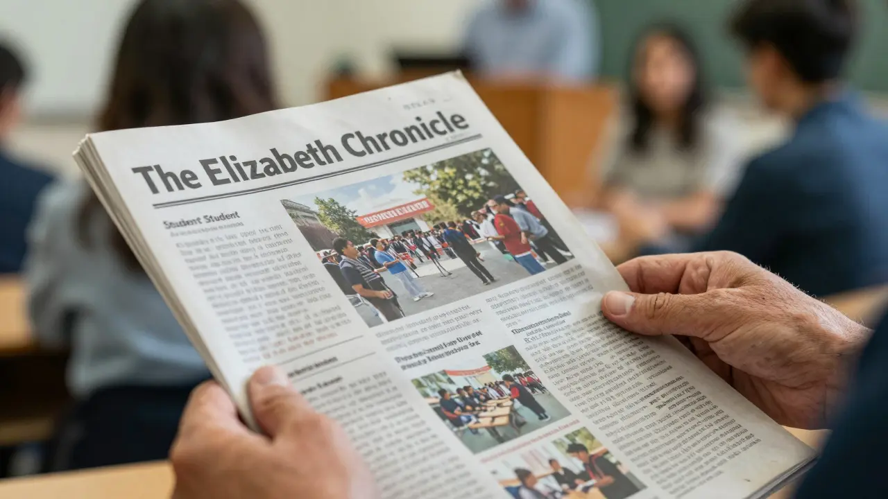 Hands holding a student-made magazine called The Elizabeth Chronicle.