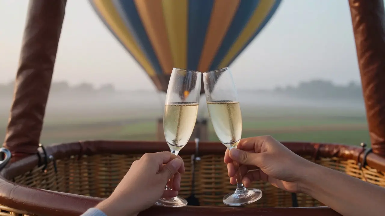 Hands holding champagne flutes in a wicker balloon basket at dawn.