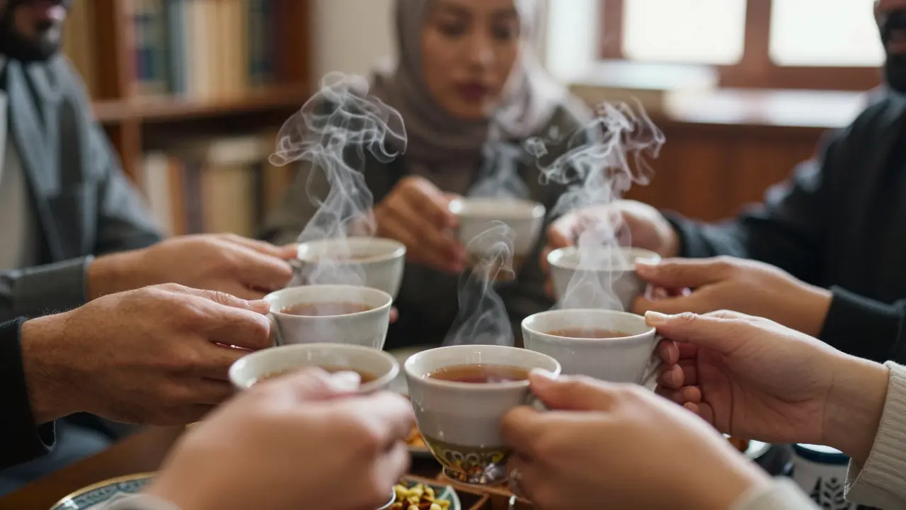 Hands holding steaming tea cups in the mosque café