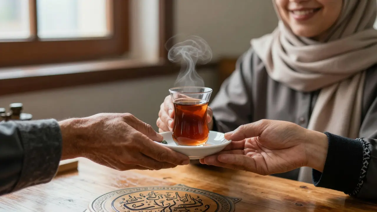 Hands offering tea to a visitor in the mosque's cozy café.