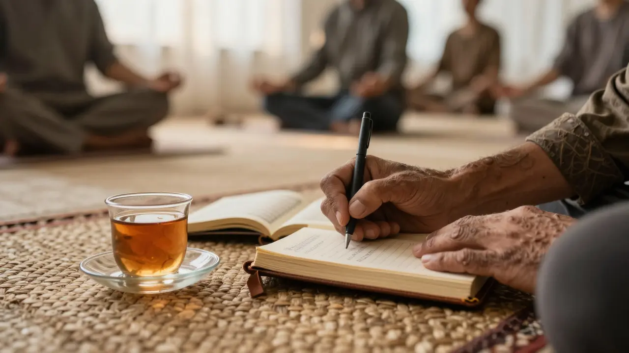 Hands writing in a journal during a mindfulness session with a Quran nearby.