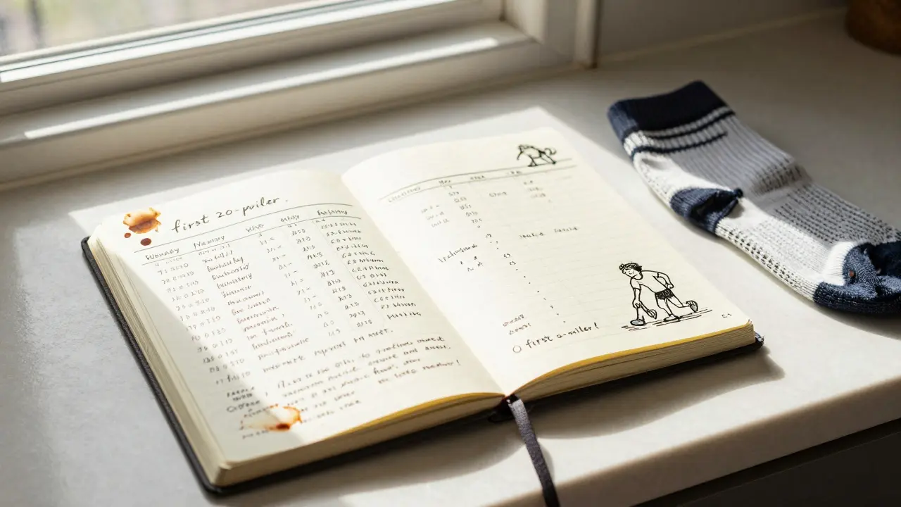 Handwritten marathon training journal on a kitchen counter with coffee and socks.
