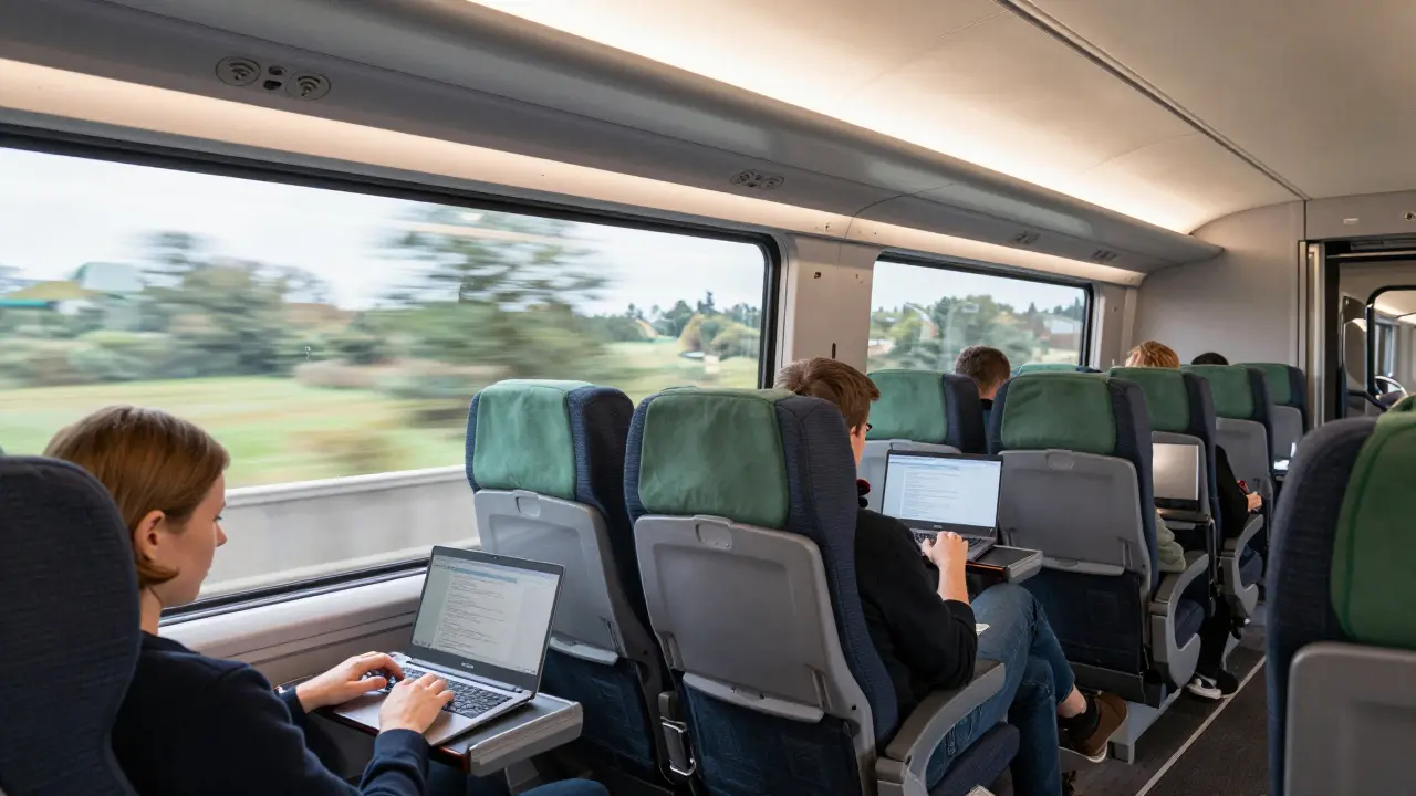 Interior of a train with passengers working on laptops, large windows showing countryside, quiet and comfortable seating.