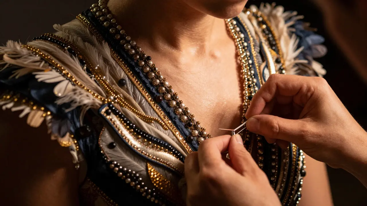 Intricate hand-painted Cirque du Soleil costume with feathers and beads under soft light.