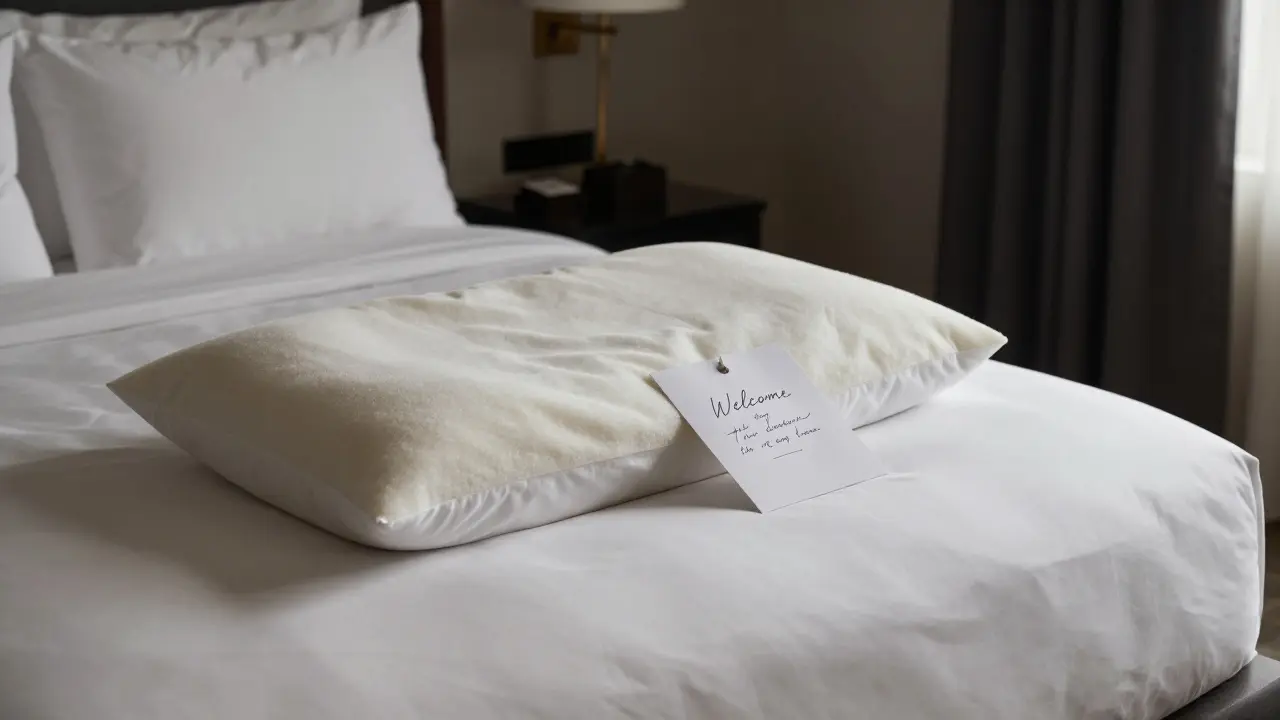 Luxurious bed with Egyptian cotton sheets and a handwritten welcome note in a quiet hotel room.