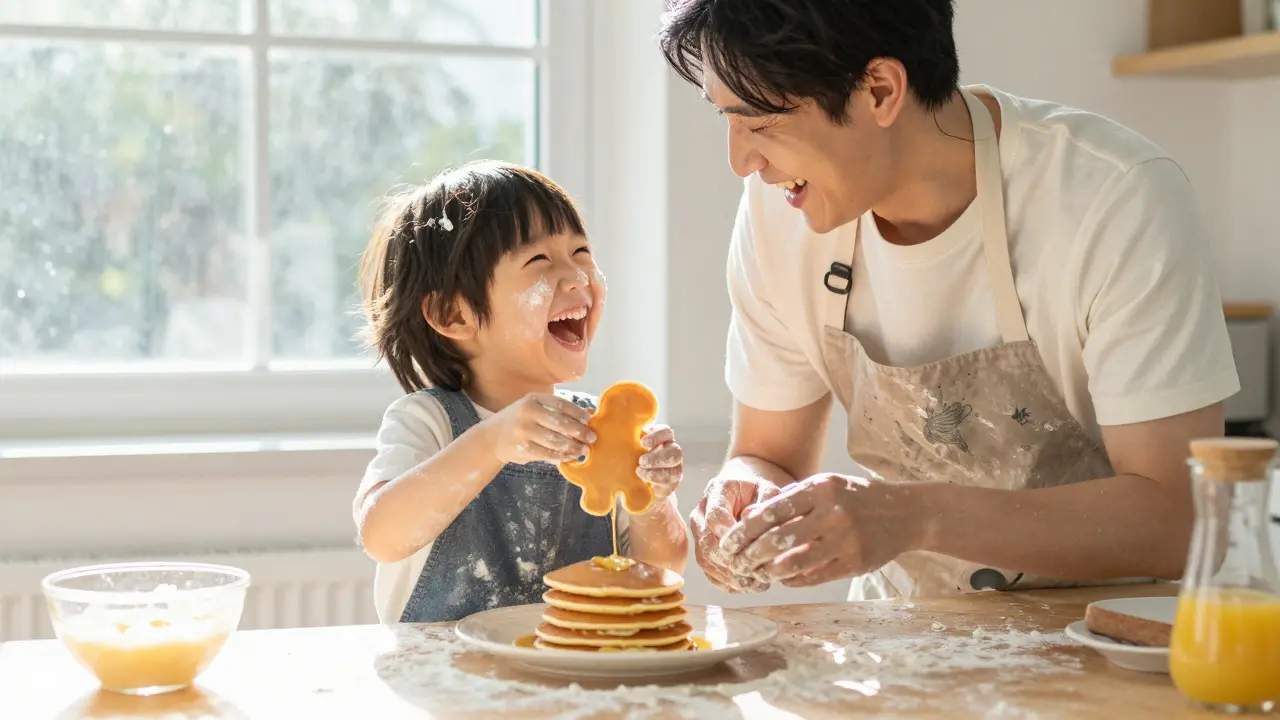 Parent and child laughing while making messy pancakes, flour everywhere, dinosaur-shaped pancake in hand.