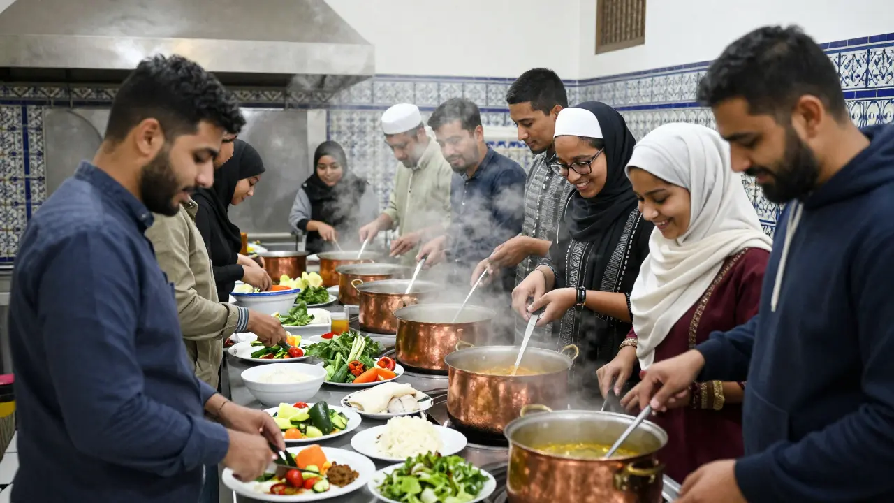 People of all ages cooking halal meals together in a warm, lively mosque kitchen.