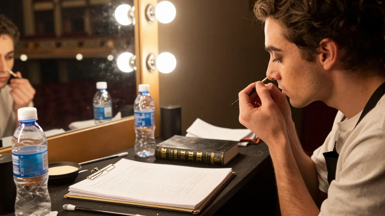 Performer applying makeup backstage with script and props on table before the show.