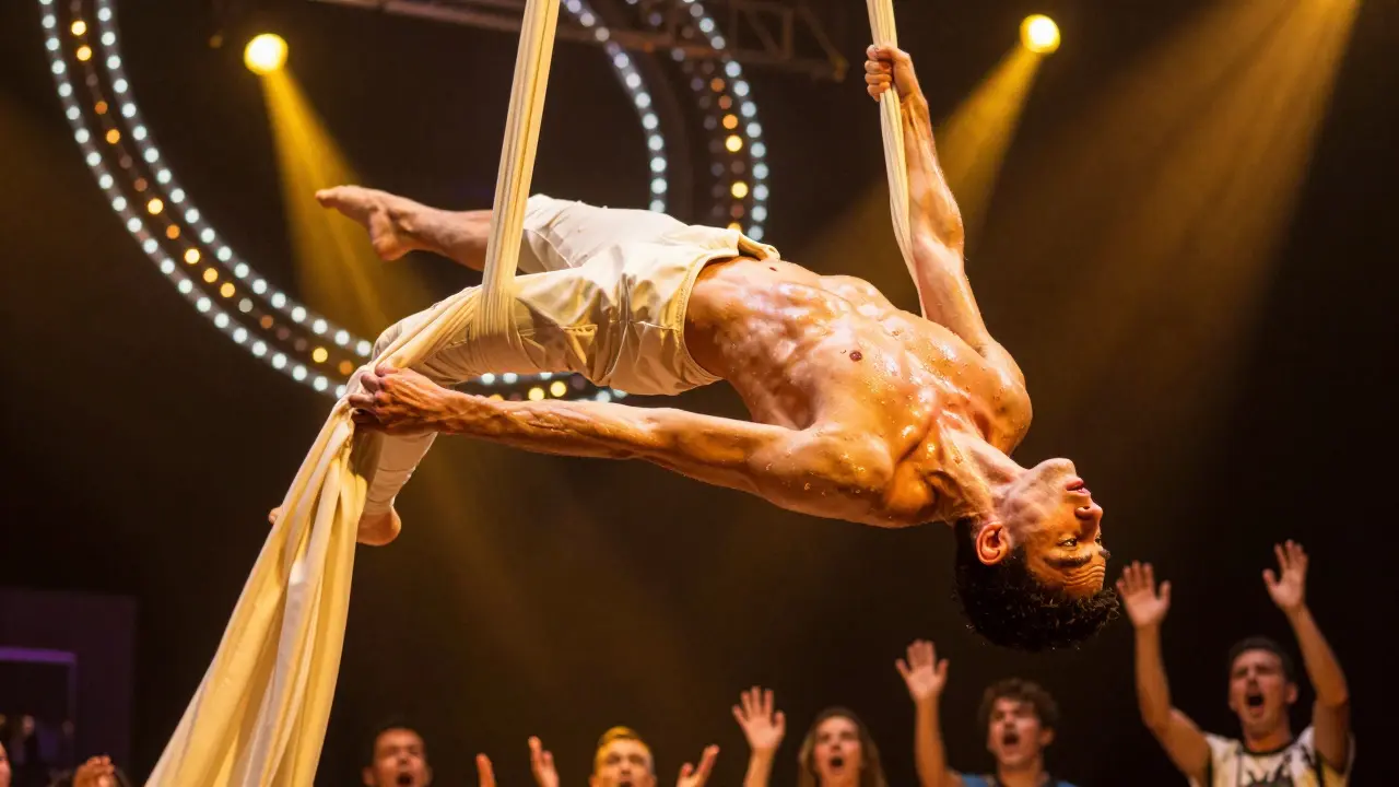 Performer mid-air during trapeze stunt, lit by golden spotlights and swirling LED effects