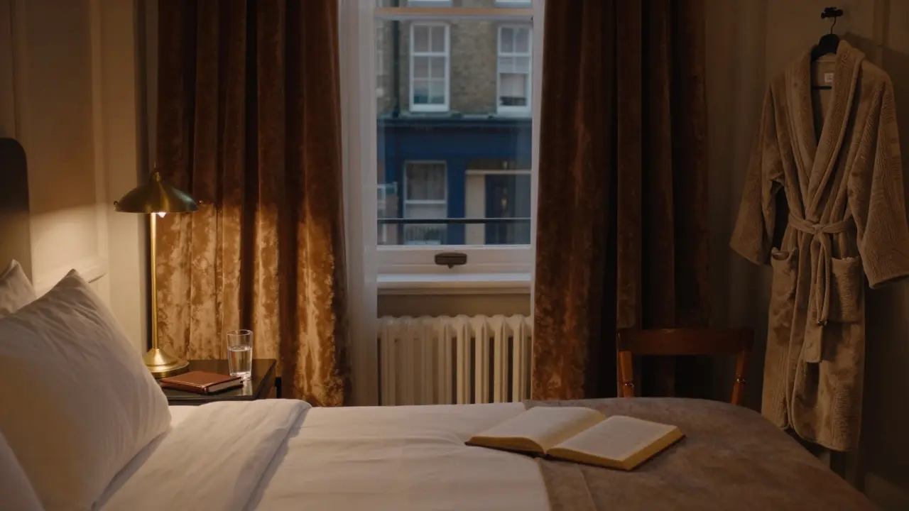 Quiet hotel room at dusk with book, lamp, and thick curtains overlooking London.