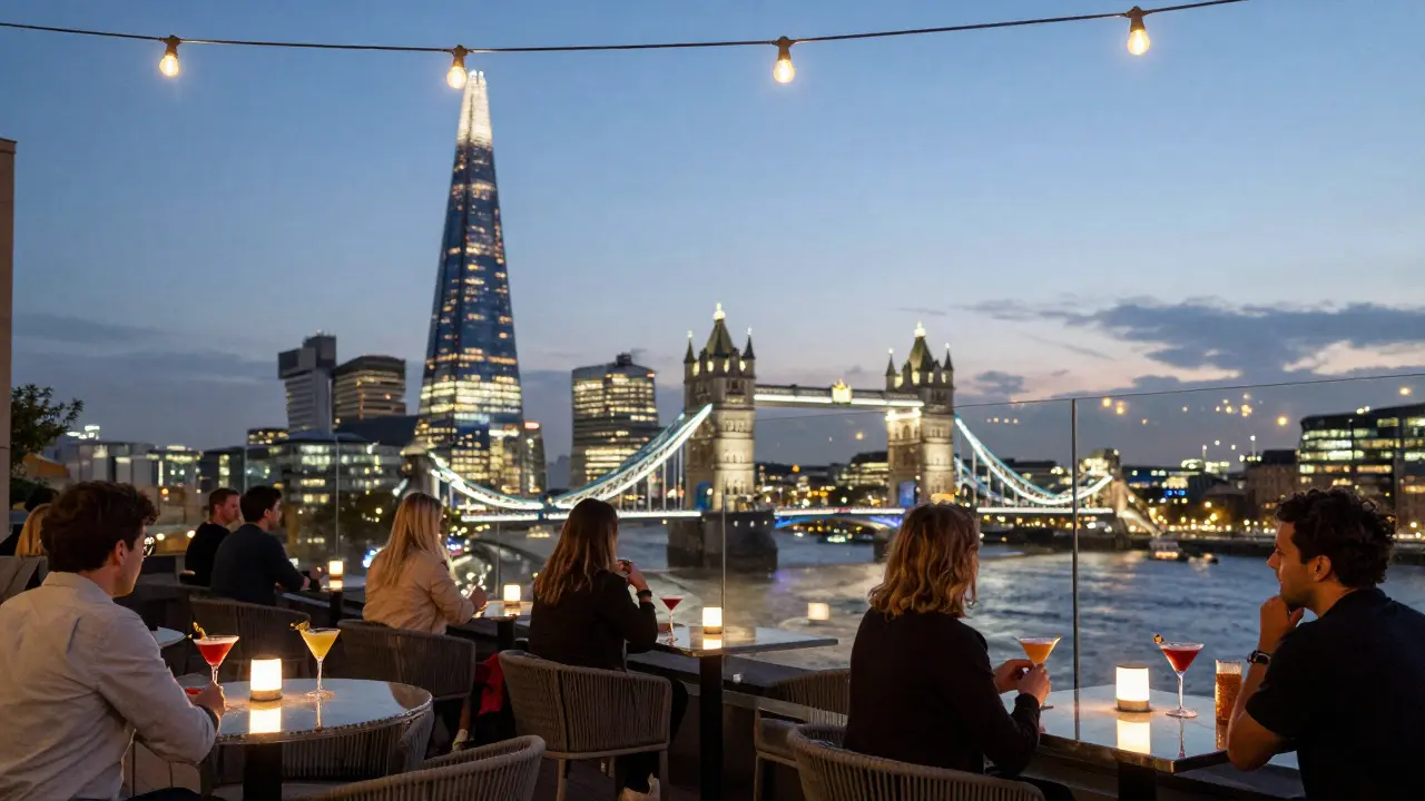 Rooftop terrace at dusk with guests enjoying cocktails and views of London's skyline.