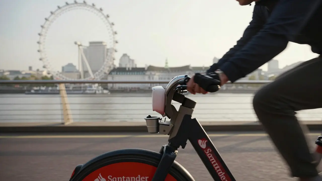 Santander Cycle bike on Millennium Bridge with blurred river and skyline.