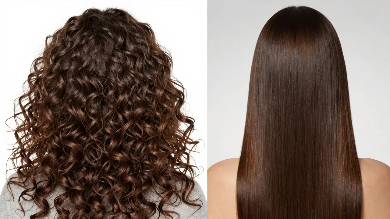 Side-by-side comparison of frizzy hair and smooth, styled hair.