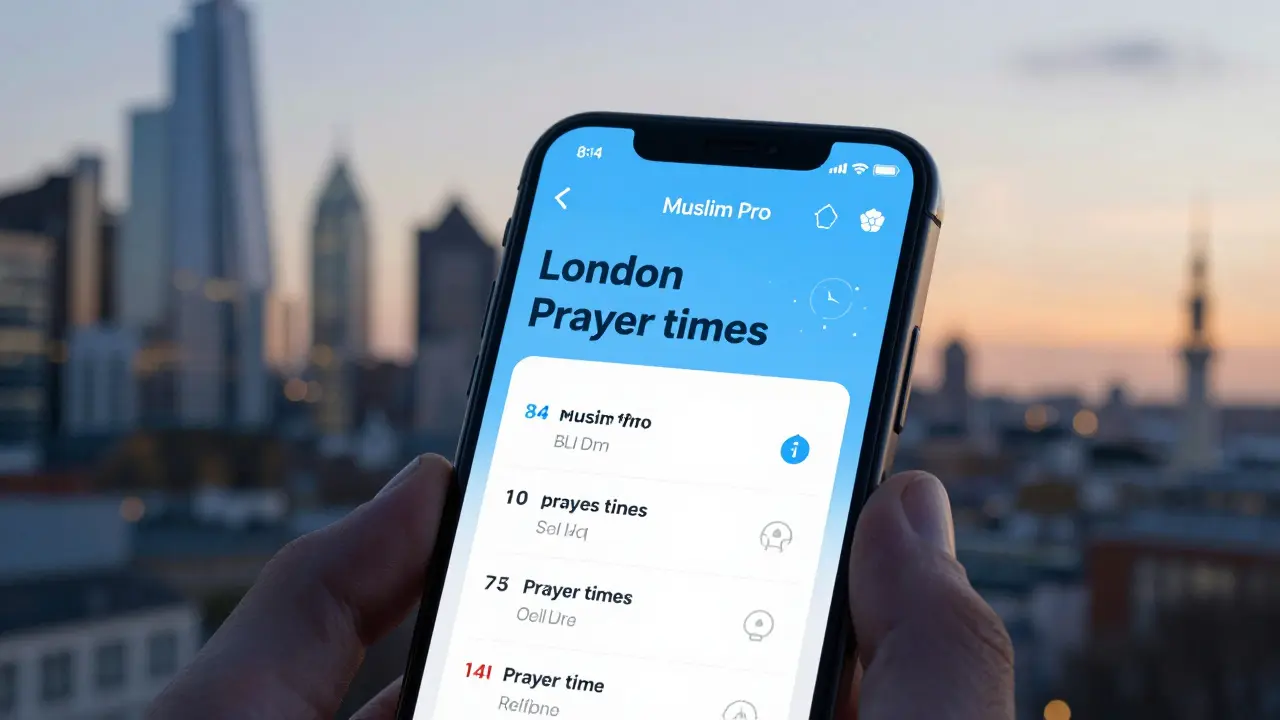 Smartphone showing Muslim Pro app with London prayer times, city sunset in background.