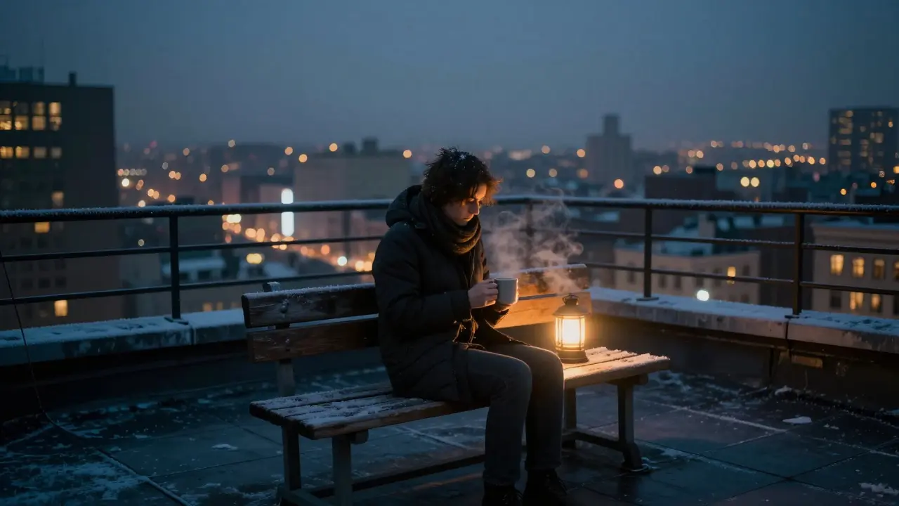 Solo visitor sitting quietly on a rooftop bench as city lights glow below