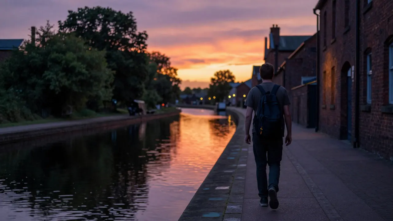 Someone walking along a canal at sunset with reflections on the water.