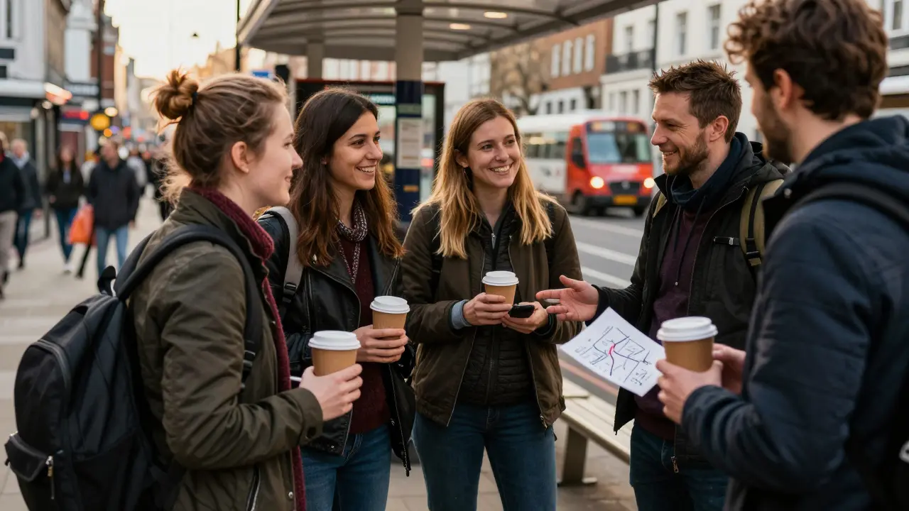 Strangers chatting and sharing tips at a London bus stop during a tube strike, smiling and connected.