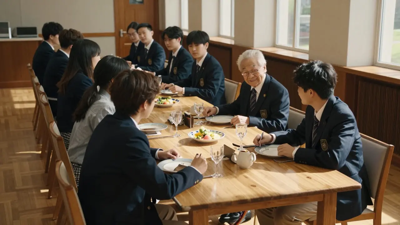 Students eating lunch at formal dining tables with no phones, in school uniforms.