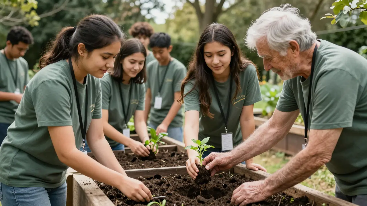 Students planting vegetables in a community garden with an elderly volunteer.
