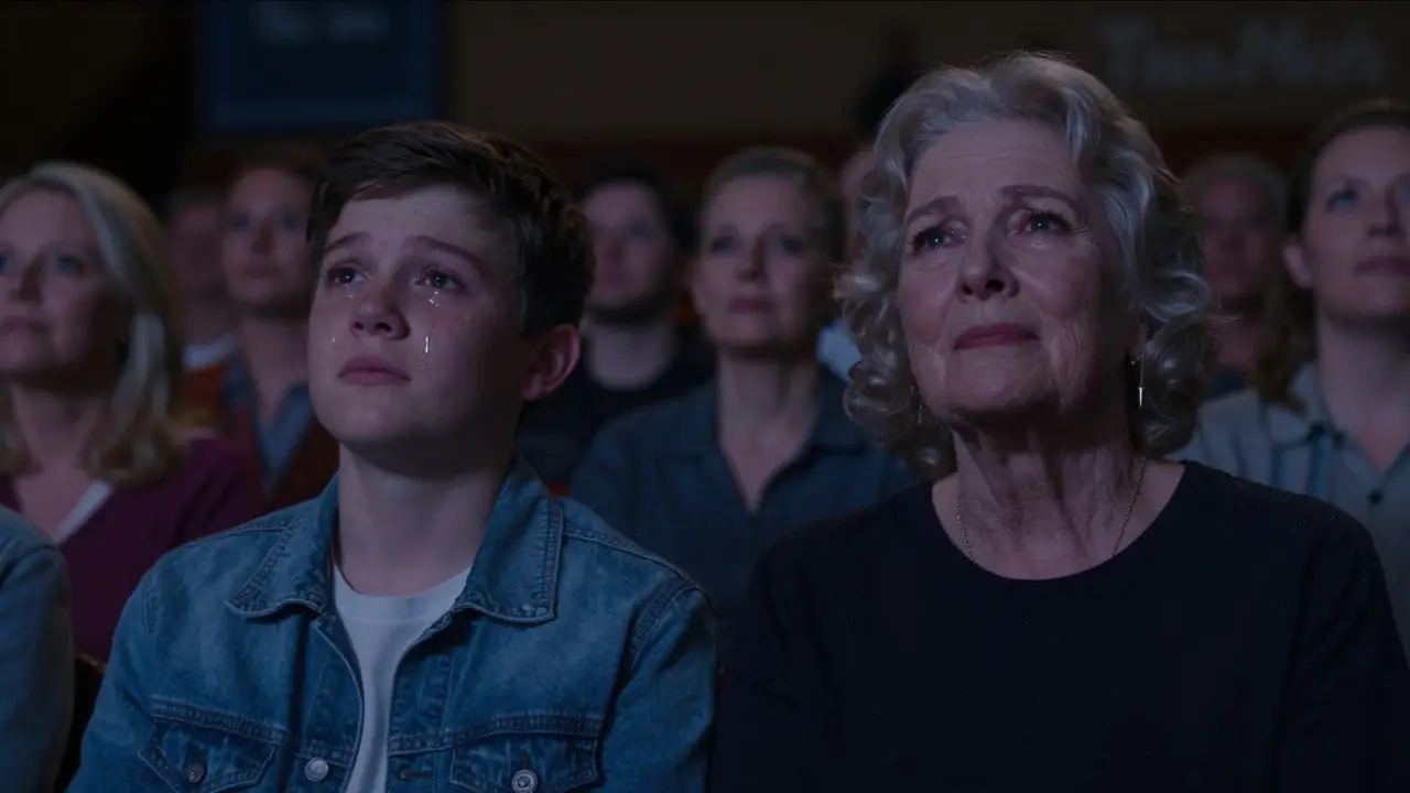 Teen and grandparent watching the show together, tears in their eyes under soft stage lighting