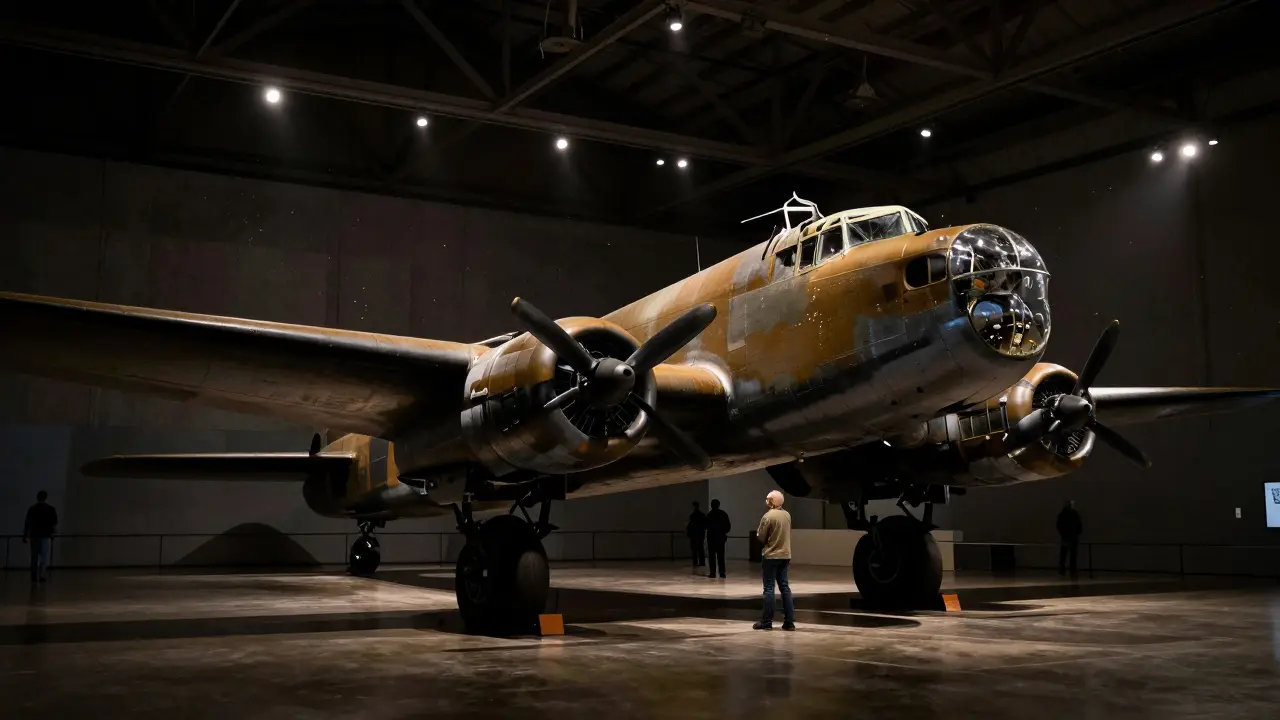 The Avro Lancaster bomber hanging in Hangar 3, lit softly with visitors standing beneath.