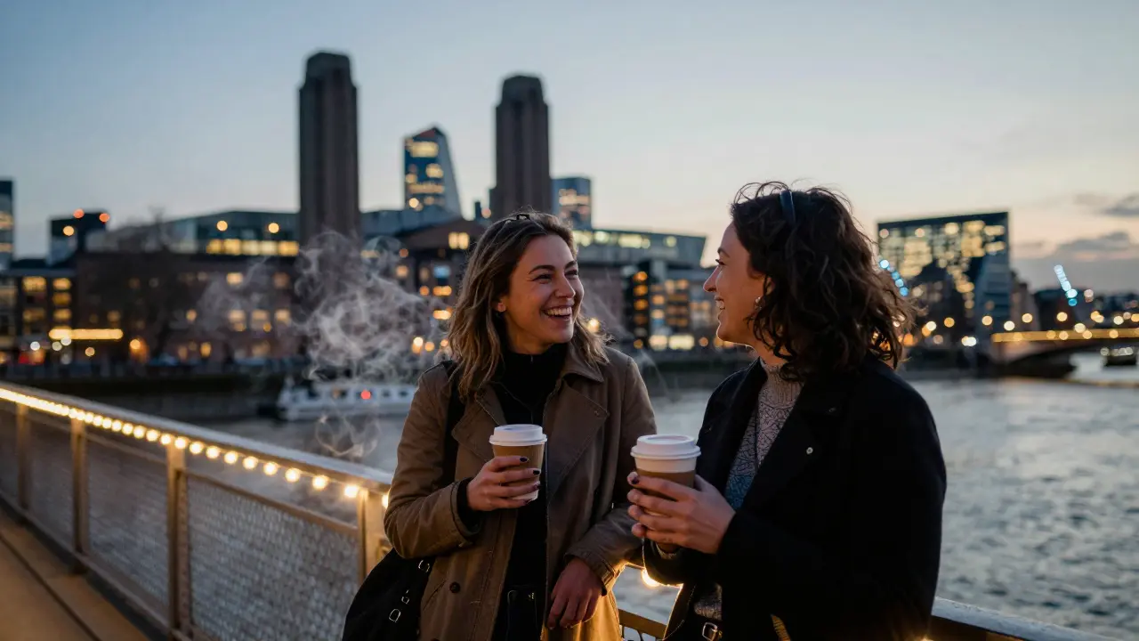 Two friends laughing on Southwark Bridge holding coffee cups at dusk.