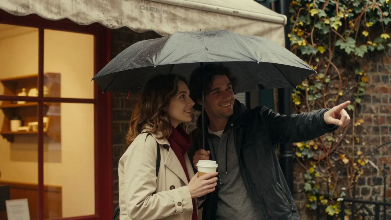 Two strangers share an umbrella and smile while walking in the rain.